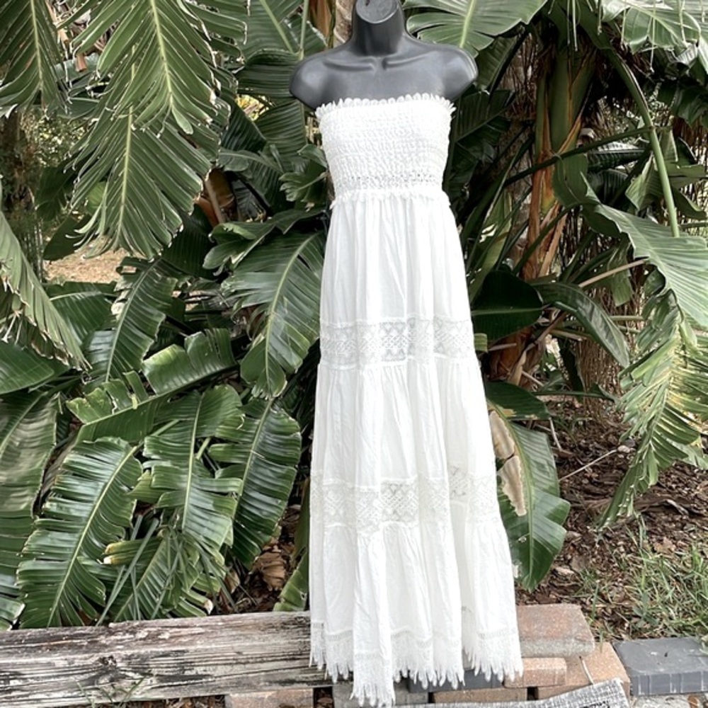lace trim strapless cotton tiered convertible dress